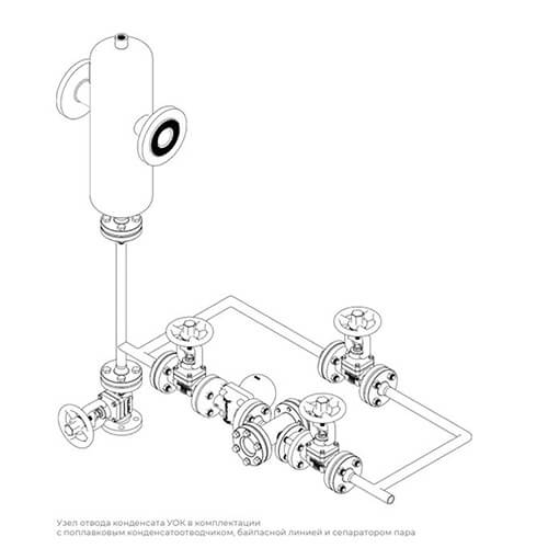 Узел отвода конденсата УОК в комплектации с поплавковым конденсатоотводчиком, байпасной линией и сепаратором пара